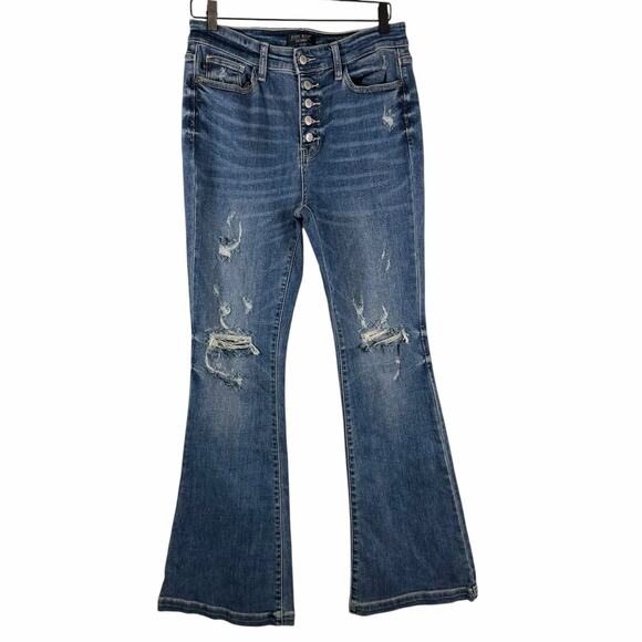 Judy Blue Trouser Flare Jeans Distressed Mid-Rise Button Fly Blue Size 11/30 - Picture 2 of 11